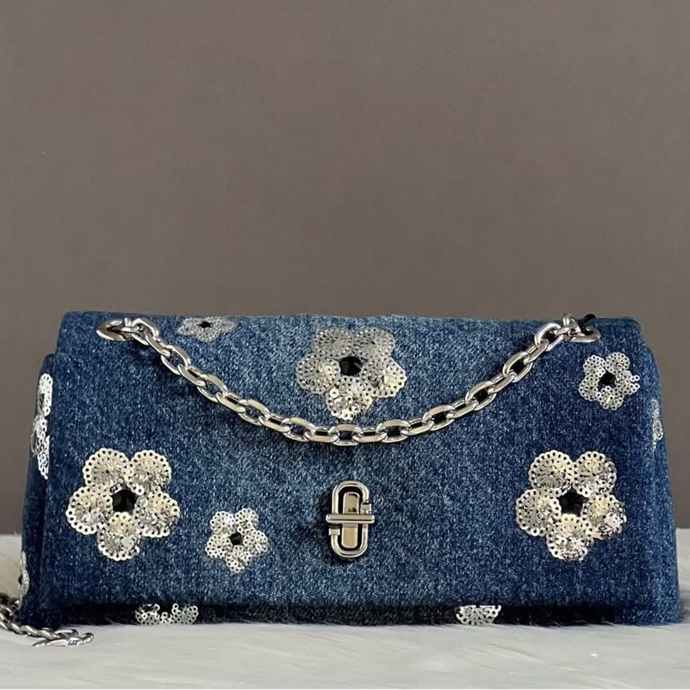 💰SOLD - 2S5SMN002S02- Marc Jacobs The Sequin Daisy Denim Dual Chain Mini Bag - Picture 1 of 16